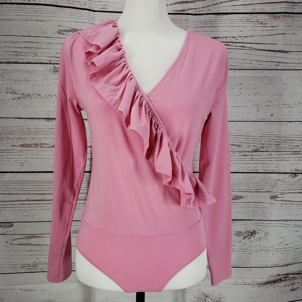 J.CREW Women's Pink V-Neck Ruffle Wrap Long Sleeve Bodysuit Size M